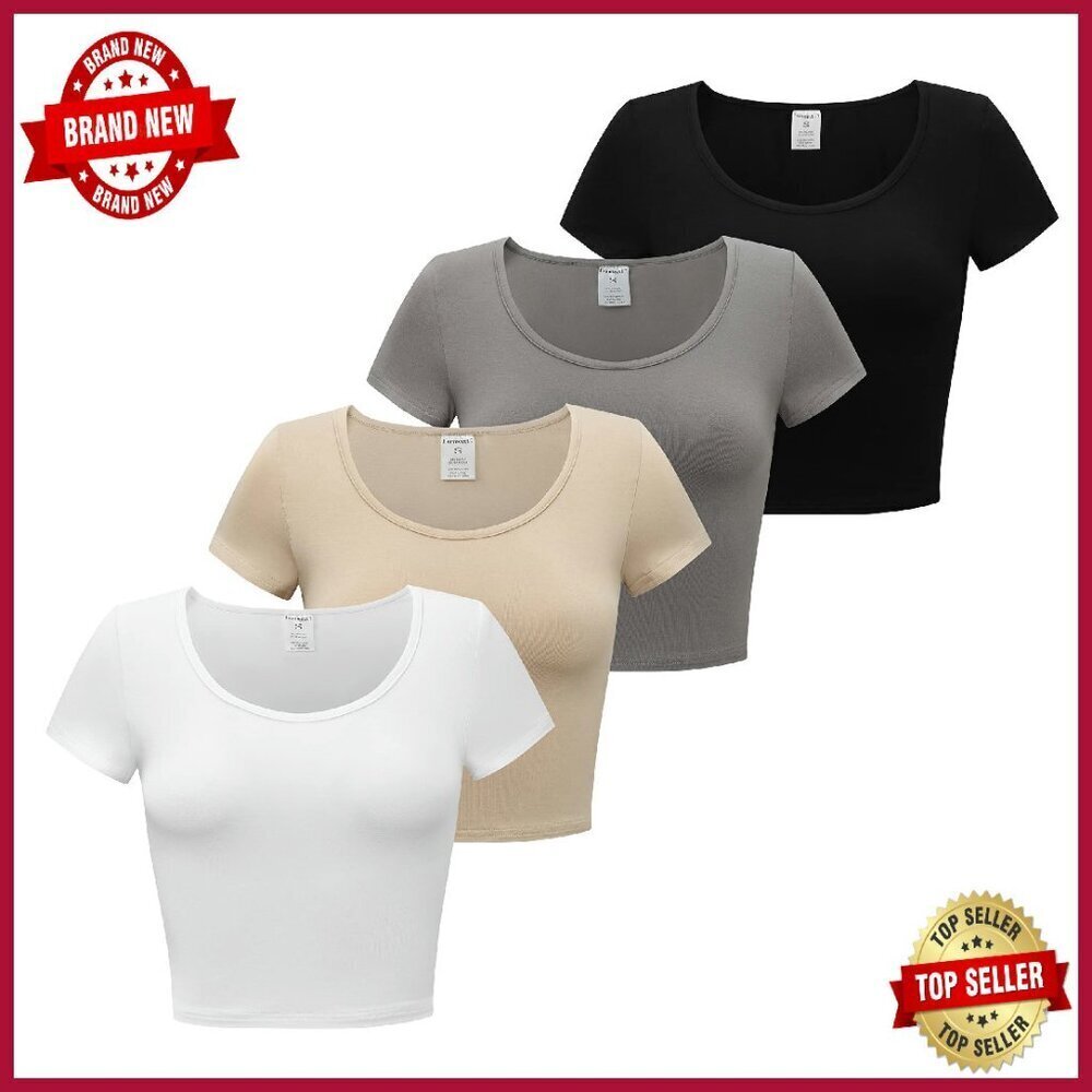 4-Piece Crop Tops Set Scoop Neck Cap Sleeve Lightweight Stretchy